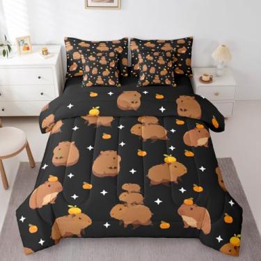 Imagem de Erosebridal Conjunto de edredom de capivara kawaii, conjunto de cama casal, animais roedores engraçados, estampa marrom, vida selvagem, lençol com edredom e decoração de capivara, presentes masculinos