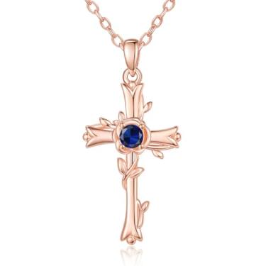 Imagem de SilvecFantasy Colar com pingente de cruz rosa para mulheres, colar de pedra do mês de nascimento da fé em ouro rosa, presente de aniversário de batismo na igreja para mãe, esposa, namorada, 1.26