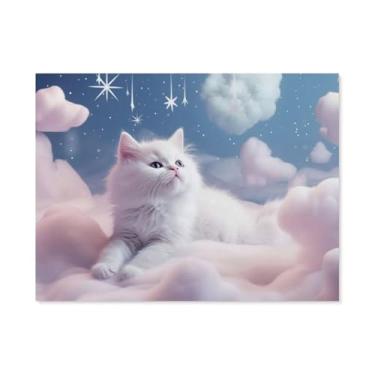 Imagem de HouLaiZhe Pôster de animal bonito gato branco rosa lona estética pôsteres decoração de quarto pintura de parede galeria decoração de parede para quarto sala de estar escritório 24 x 32 polegadas (60 x
