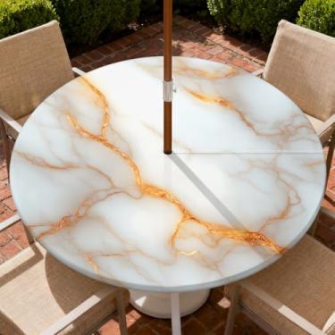 Imagem de Yesad Toalha de mesa redonda para uso ao ar livre com orifício para guarda-chuva, toalha de mesa com zíper e borda elástica, capa de toalha de mesa à prova d'água para piqueniques, serve para mesa