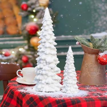 Imagem de Conjunto de 2 árvores de resina branca com glitter, pequenas estatuetas de pinheiro, árvores de Natal, mesa de centro de mesa, decoração de centro de mesa para Natal, feriado, 24 cm / 16 cm