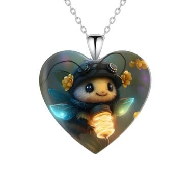 Imagem de Colar com pingente em forma de coração com diferentes animais – panda, cavalo, veado, gato, elefante, cão, vista panorâmica, colar de aço inoxidável com pingente de vidro – presente de Natal, feriado