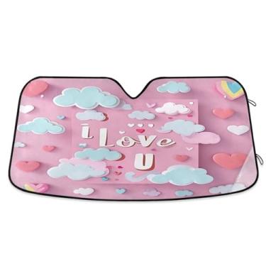 Imagem de Wassud Para-brisa de carro Pink Love, persianas refletivas para janela frontal de carro, protetor de viseira de sol bloqueia raios UV, persiana dobrável sanfonada para carro, caminhão, SUV, 80 x 144