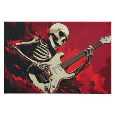 Imagem de CEBUGI Tapete de área 60 x 90 cm, macio, lavável, antiderrapante, com suporte de borracha, caveira, tocando guitarra, tapetes para sala de estar, quarto, decoração de casa