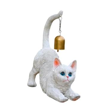 Imagem de Generic Estátua de gato com sino de metal, escultura de animal, estatueta de gatinho para sala de estar, Branco