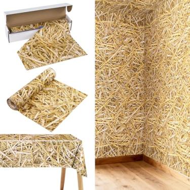 Imagem de ARQRHTLY Rolo de toalha de mesa de feno decorativo com caixa de corte, pano de fundo de parede de palha grande, capa de mesa de plástico descartável para fazenda de cowboy ocidental, artigos de festa