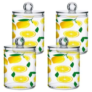 Imagem de STAYTOP 4 frascos de boticário Qtip para banheiro com etiquetas – Recipiente de armazenamento Qtip de plástico transparente acrílico para bola de algodão, cotonete, grãos de café e limões amarelos