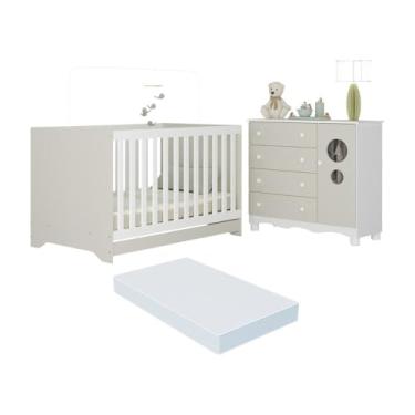 Imagem de Berço Americano 3 em 1 com Colchão Incluso e Cômoda 1 Porta 4 Gavetas Suspiro Multimóveis Mp4718 Branco/off White