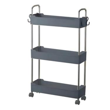 Imagem de Prateleira Multiuso 3 Andares com Rodinha, Cinza, Plástico PP e Aço Inox, 62x12x40 cm, com Rodízios 360°