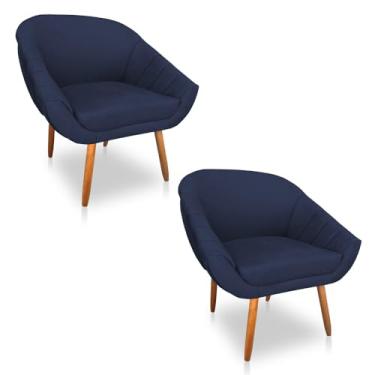 Imagem de Kit 02 Poltronas Bianca Suede Azul Marinho Pés Palito Castanho - Pallazio