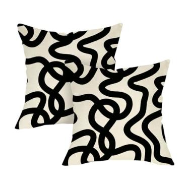 Imagem de Fjfz Conjunto de 2 capas de almofada decorativas de linha abstrata 45,7 x 45,7 cm, arte moderna geométrica preta e branca, decoração de casa ao ar livre, capa de almofada minimalista para sofá