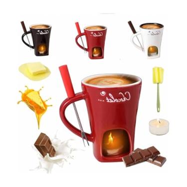 Imagem de SNCIDSGE Uma caneca de fondue de chocolate atualizada com garfo e vela, pode derreter chocolate, manteiga e queijo, casamentos e outras ocasiões (vermelho com velas)