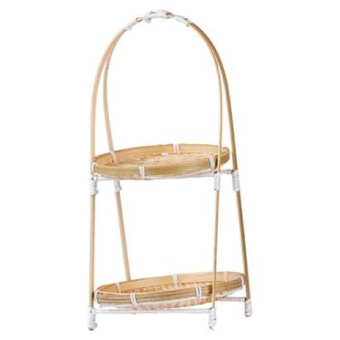 Imagem de Baoblaze Cesta de bambu trançado para frutas, pratos, pães e, com alça, ideal para servir alimentos em mesas de centro, piqueniques e restaurantes, Dois Níveis