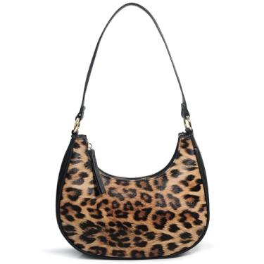 Imagem de Bolsa de ombro crescente feminina com estampa de leopardo em couro vegano com alça de corrente nas axilas, Estampa de leopardo - marrom, Bolsa de ombro crescente feminina com estampa de leopardo