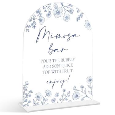 Imagem de Placa de bar Mimosa - Something Blue Before I Do placas de chá de panela, 1 pacote de placa de acrílico com suporte, centro de mesa de chá de panela para mesas, decoração de recepção de casamento