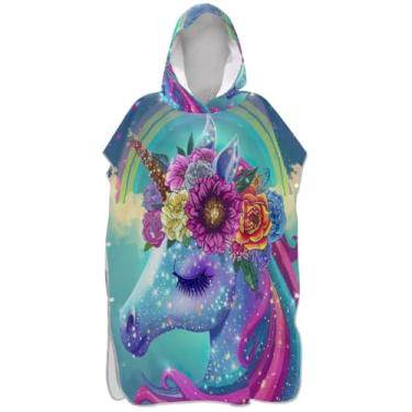 Imagem de Joisal Roupão para adultos, poncho de surfe, praia, capuz, toalha, floral, vestível, masculino, feminino, poncho com capuz, arco-íris, unicórnio, floral