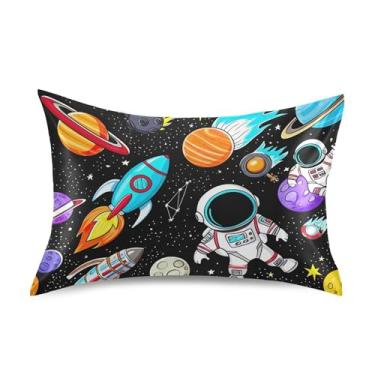 Imagem de Fronhas engraçadas astronautas planeta foguete estrela rei rainha capas de travesseiro padrão cetim refrescante cama decoração animal impressão animal tamanho king 101,6 cm x 50,8 cm