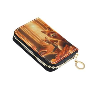 Imagem de Carteira de couro feminina com bloqueio de RFID, porta-cartões de crédito, pequena bolsa para moedas com zíper outono floresta raposas