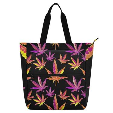 Imagem de GAIGEO Bolsa feminina roxa com folhas laranjas pretas bolsa de trabalho de lona para escola de praia bolsa utilitária de escritório com compartimentos