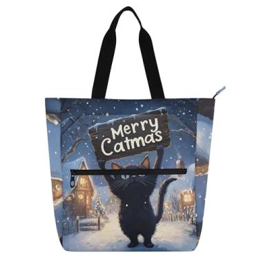 Imagem de GAIGEO Sacola divertida de presente de Natal de gato preto para mulheres, bolsas de tecido de lona para trabalho universitário, escola, presente reutilizável para amantes de livros