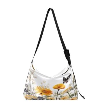 Imagem de Bolsa tiracolo de couro vegano estilo sudoeste marrom e preto, bolsa Lady Hobo, bolsa de ombro de couro com zíper, Plantas floridas com borboletas - 1, One Size