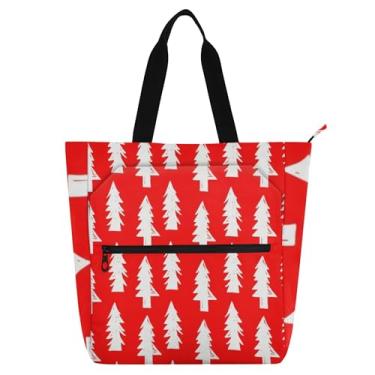 Imagem de GAIGEO Bolsa de trabalho feminina branca com árvores de Natal vermelhas, bolsa de trabalho de lona e praia com zíper, bolsas fofas para amantes de livros