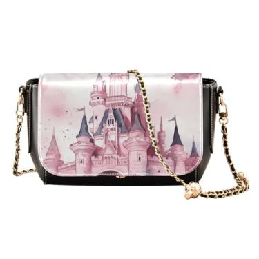 Imagem de Flamingos Bolsas transversais médias para mulheres, bolsas de ombro de couro PU, bolsa tiracolo feminina de couro, Castelo dos sonhos rosa aquarela, One Size