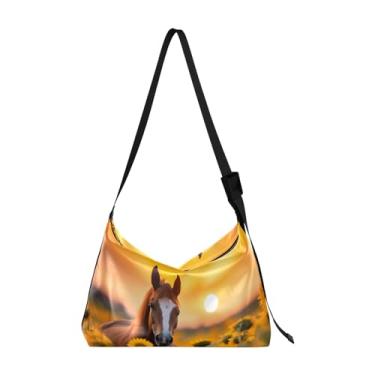 Imagem de Bolsa tiracolo casual pintada à mão Peaches, bolsa feminina Hobo, bolsa de ombro de couro transversal, Cavalo nascer do sol no campo de girassóis - 2, One Size