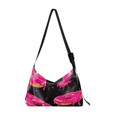 Imagem de Bolsa masculina de couro floral e floral, bolsa transversal grande, bolsa de ombro com zíper, Donut com cobertura rosa em preto-1, One Size