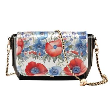 Imagem de GAIGEO Bolsa de ombro azul verde verde flor branca com zíper, bolsas de couro femininas transversais, bolsas de couro para mulheres, Bandeira americana vermelha aquarela papoula floral, One Size