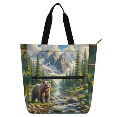 Imagem de GAIGEO Bolsa feminina com estampa de paisagem de urso montanha para trabalho, escola, bolsa reutilizável, com compartimentos