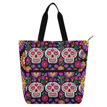 Imagem de Sacola colorida de flor de caveira de açúcar para crianças e mulheres amantes de livros, bolsa de lona com zíper para trabalho e escola