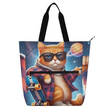 Imagem de GAIGEO Bolsa de trabalho feminina para skate e gatinho, bolsa escolar de lona com zíper, bolsas de viagem, amantes de livros