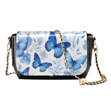 Imagem de Bolsas de ombro femininas com água-viva azul no oceano com luzes neon bolsa tiracolo de couro, bolsas transversais de couro para mulheres, Borboletas azuis - 4, One Size