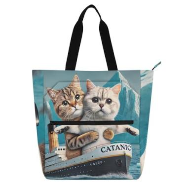 Imagem de GAIGEO Sacola engraçada de gatinho com estampa de gato para mulheres, trabalho, lona, escola, bolsa para livros, bolsas médias para amantes de livros