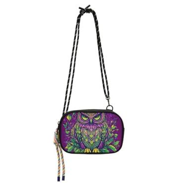 Imagem de TSENQUE Bolsa feminina pequena bolsa transversal sobre ombro carteira de designer de viagem bolsa para celular vintage coruja floral roxo