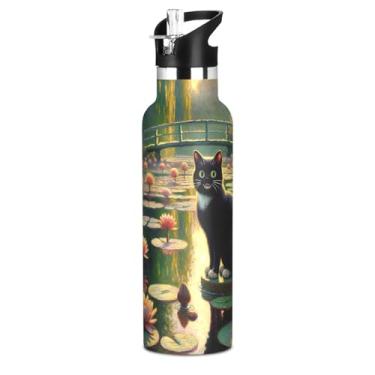 Imagem de Joisal Garrafas de água infantis de gato preto com tampa de palha, garrafa de água isolada de aço inoxidável, livre de BPA, copos infantis a vácuo de parede dupla para escola, viagens, esportes, 590