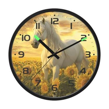 Imagem de SEHANY Relógio de parede artístico majestoso cavalos silencioso, sem tique-taque, relógio redondo operado por bateria, controle de som, luz noturna, relógios de parede para sala de estar, cozinha