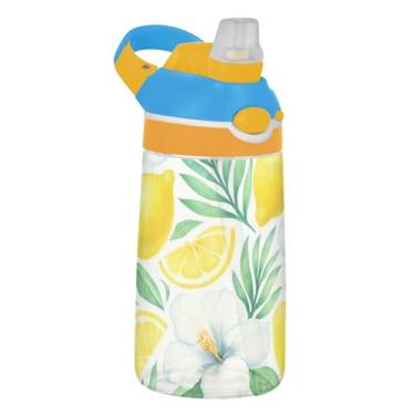 Imagem de Garrafa de água esportiva de 473 ml com canudo para crianças, meninas, meninos, garrafa de água portátil Tritan de 473 ml, copo infantil reutilizável à prova de vazamento, alça de transporte, limões