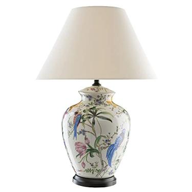 Imagem de Abajur de mesa em cerâmica Meiquan com 54 cm de altura, em formato de flor e pássaro, com cúpula de tecido. Ideal para quarto, sala de estar ou como luminária de cabeceira em estilo chinês m