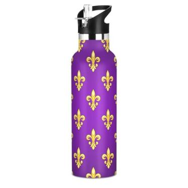Imagem de Garrafas de água para adolescentes Fleur De Lis ouro roxo com tampa de palha, garrafa de água isolada de aço inoxidável, livre de BPA, copos infantis à prova de vazamento para escola, viagens