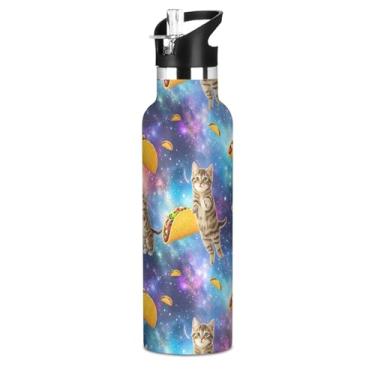 Imagem de Joisal Garrafas de água infantis com estampa de gatos roxos fofos com tampa de palha, garrafa de água de aço inoxidável isolada, parede dupla, à prova de vazamento, copos infantis para escola, viagens