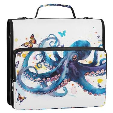 Imagem de Fichários de 3,8 cm (1 1/5.1 cm) 3 anéis polvo azul pasta de aquarela organizador de fichário escolar com alça de ombro, pasta grande para portfólio de armazenamento com alça