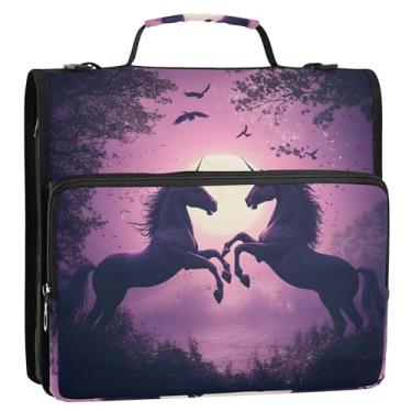 Imagem de Unicórnios roxos de cavalo extravagantes 3 argolas para fichários resistentes com zíper bolsa organizadora de fichários escolares com alça de ombro pasta de armazenamento de negócios com alça