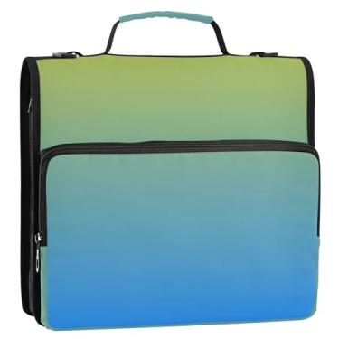 Imagem de Fichários ombré, verde e azul, gradiente, 3 anéis, com zíper, resistente, bolsa organizadora com alça para escola, vários bolsos, pasta de portfólio grande
