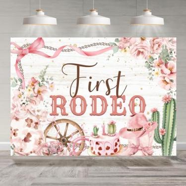 Imagem de Rsuuinu Primeiro pano de fundo de rodeio floral ocidental rosa laço cacto botas de chão de madeira para fotografia meninas crianças decorações de festa de 1º aniversário banner mesa bolo cabine de