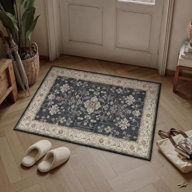 Imagem de PureCozy Tapete de área lavável vintage 2x3 tapete preto antiderrapante tapete de porta pequeno pilha baixa cozinha banheiro acento tapete resistente a manchas entrada quarto escritório sala de estar