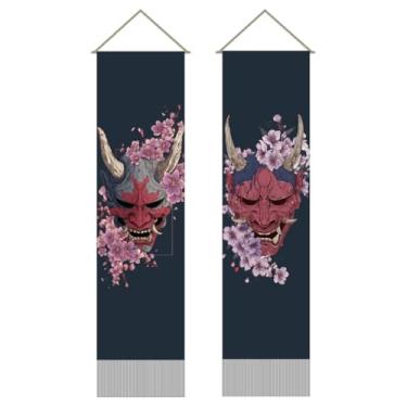 Imagem de AHANDMAKER Pacote com 2 tapeçarias japonesas do diabo, tapeçaria longa vertical Prajna, decoração japonesa, cortina de porta, borla, para quarto, sala de estar, 33 x 128 cm