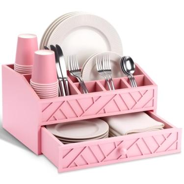 Imagem de Marsui Dispensador de pratos de papel, suporte de prato de papel para bancada com gaveta, organizador de talheres de madeira, organizador de talheres para colher, garfo, guardanapos, cozinha