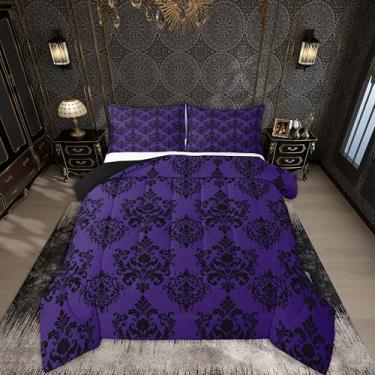 Imagem de jejeloiu Conjunto de cama damasco, macio, para meninos e meninas, vintage, damasco, floral, violeta, gótico, estampa floral, edredom de microfibra, 3 peças com 2 fronhas